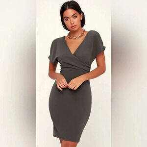 Lulu’s Raquel Grey Cold Shoulder Surplice Dress size M